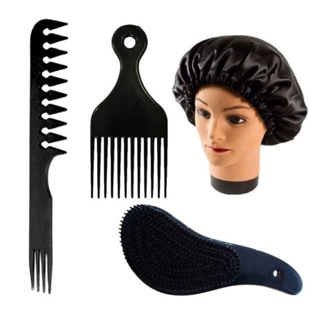 Kit Completo para Cuidado e Finalização dos Cabelos 4 pçs Pente Jacaré, Pente Garfo, Escova Mágica e Touca de Cetim